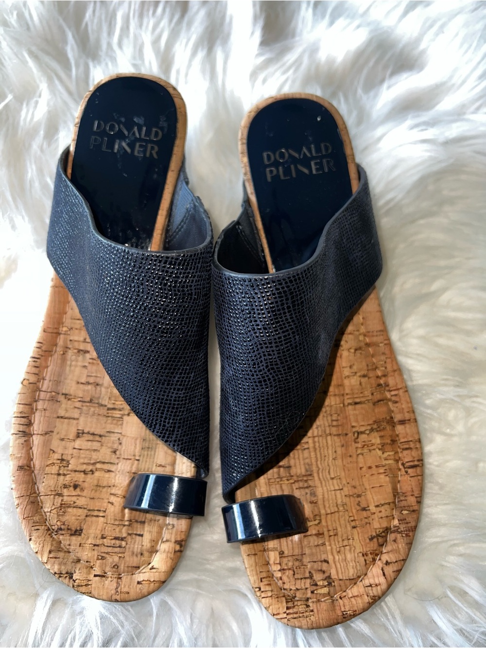 Donald J. Pliner Navy Textured Leather Cork Toe-Ring Slide Sandals